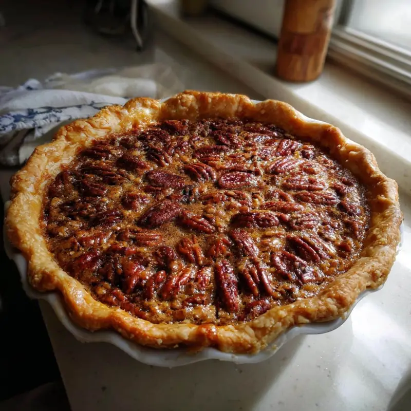 Homemade caramel pecan pie on a white kitchen counter with a golden crust and glossy caramel filling.
