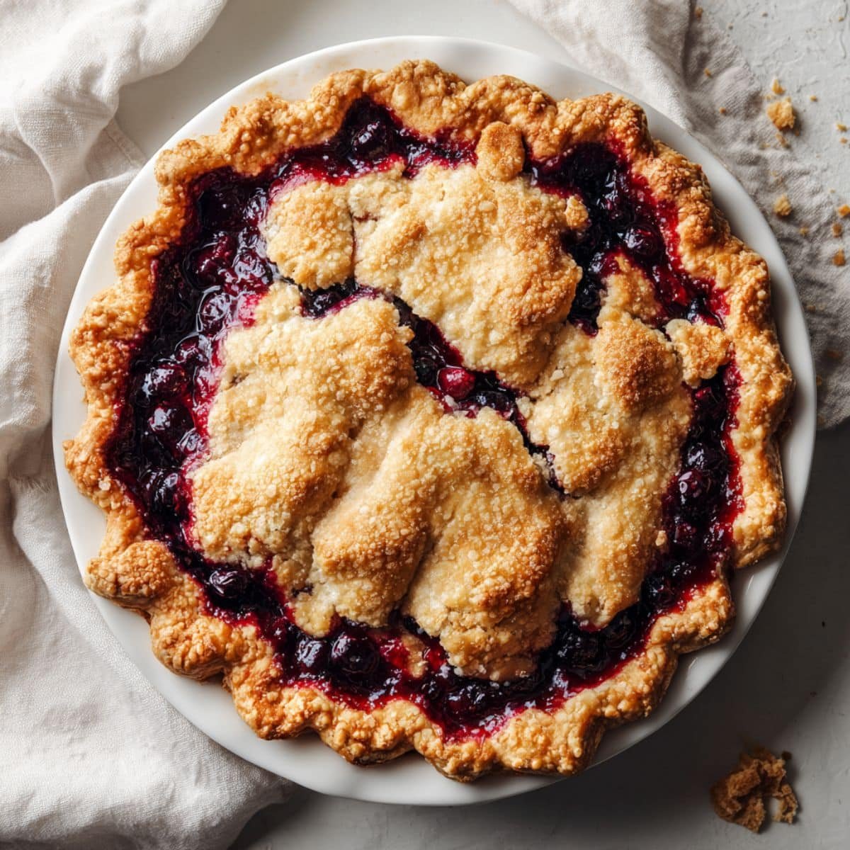 Freshly Saskatoon Pie Recipe with golden crust on a white kitchen table, crumbs and juice bubbling over, captured in natural light.