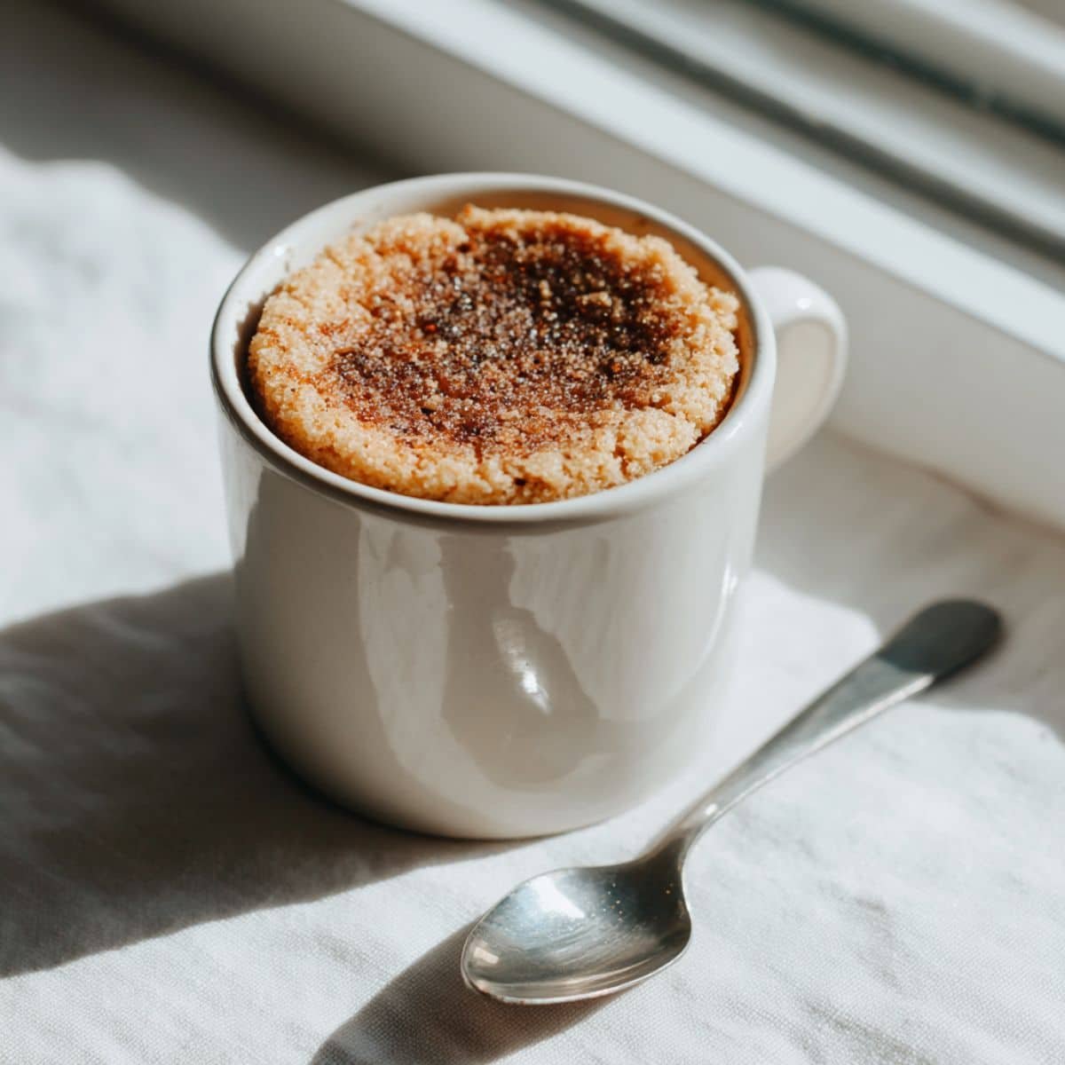 A homemade almond flour mug cake in a white mug on a kitchen table, photographed from above in natural light.