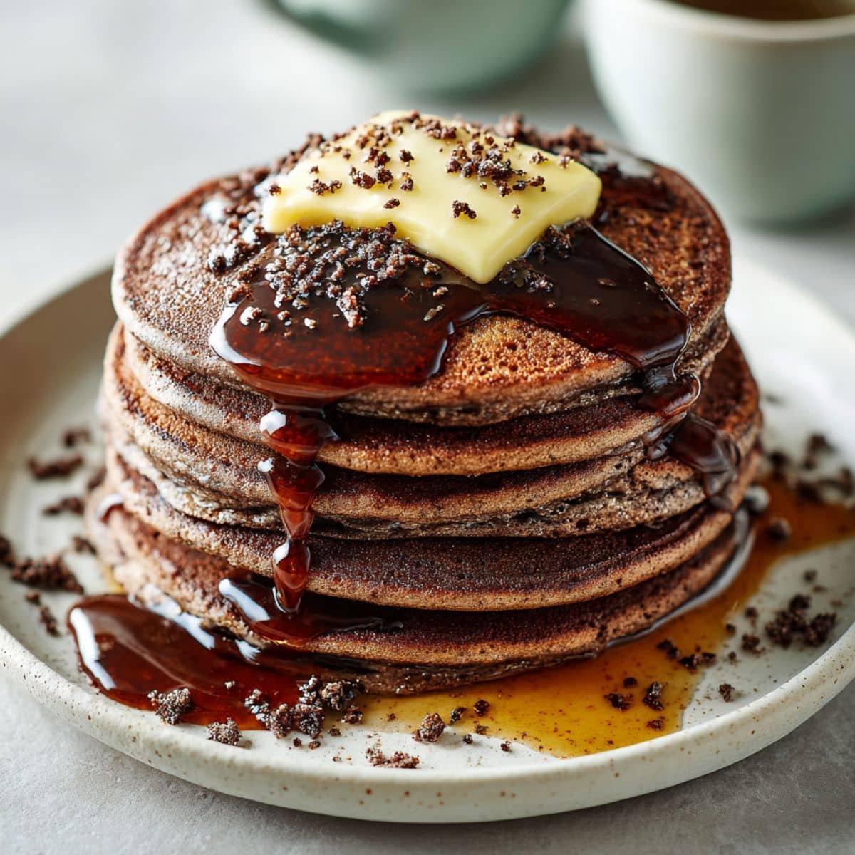 A stack of fluffy homemade Chocolate Pancake Recipe with syrup on a white kitchen table, photographed from above in natural light.
