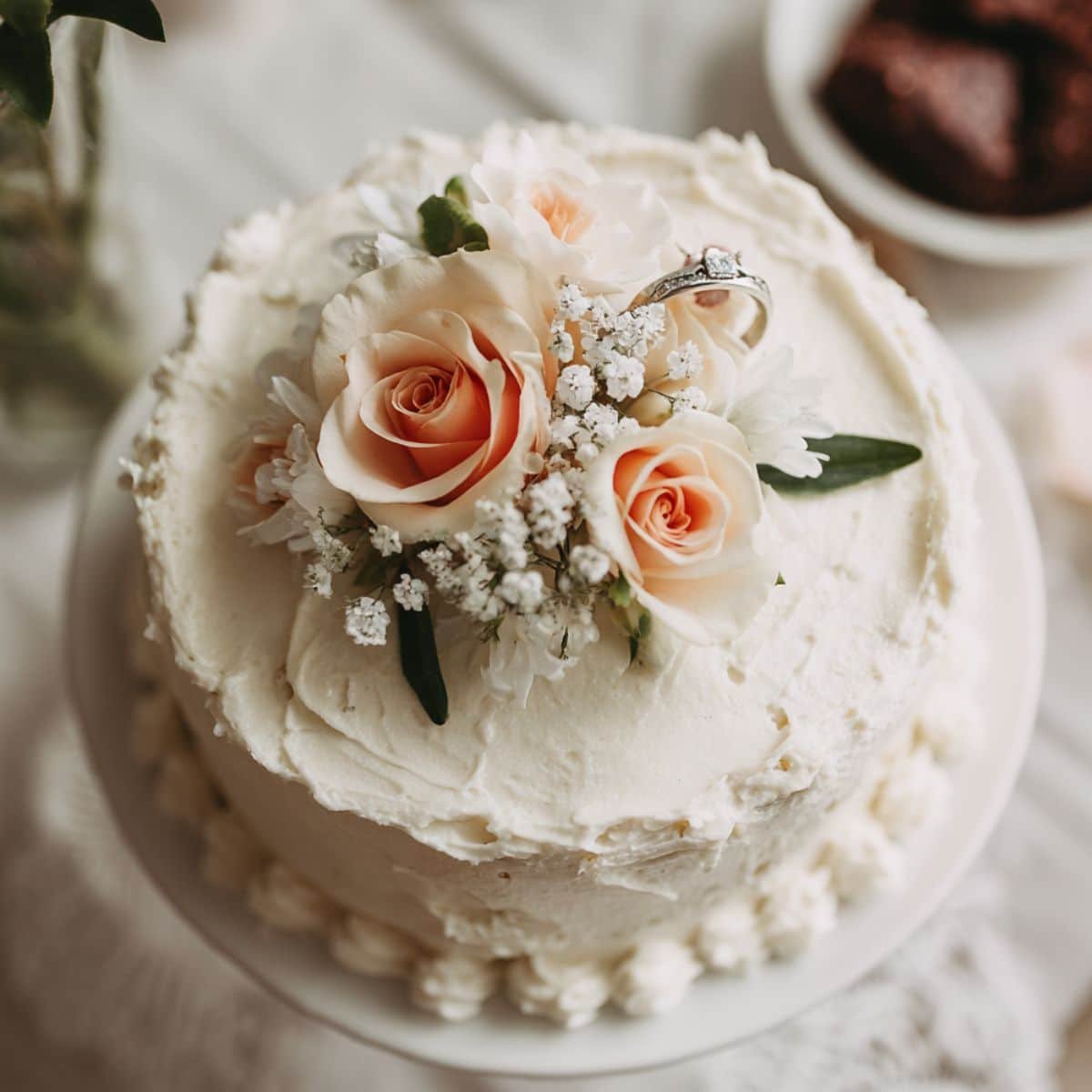 Homemade engagement cake with white buttercream and fresh flowers, shot from above on a white kitchen table in natural light.