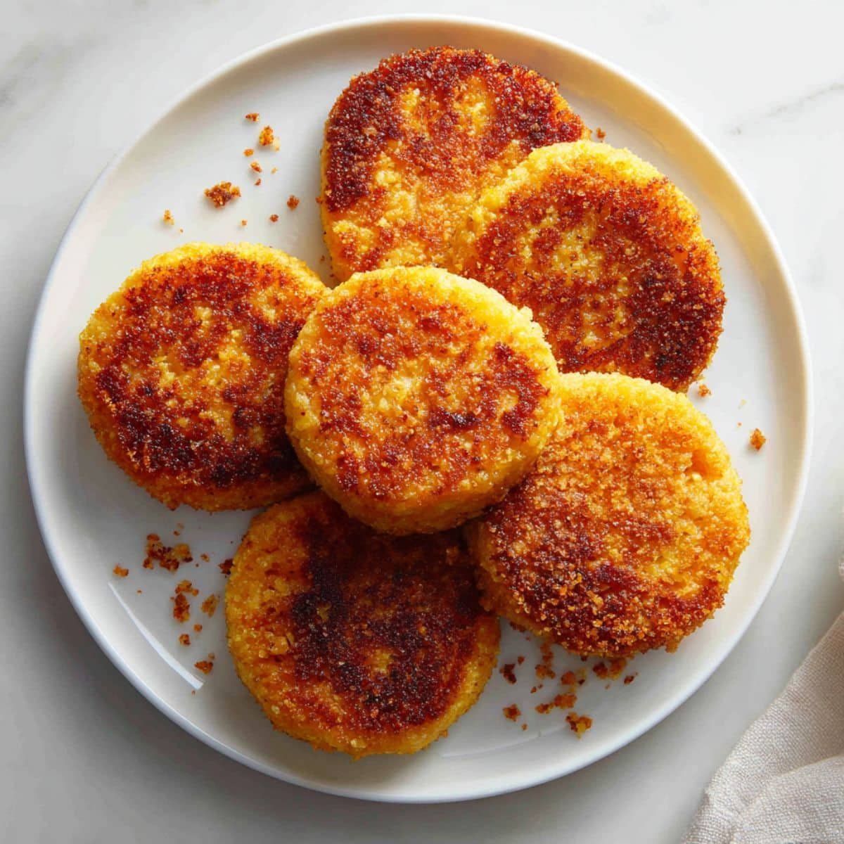 Crispy golden hot water cornbread patties on a white kitchen table, shot from above in natural light.