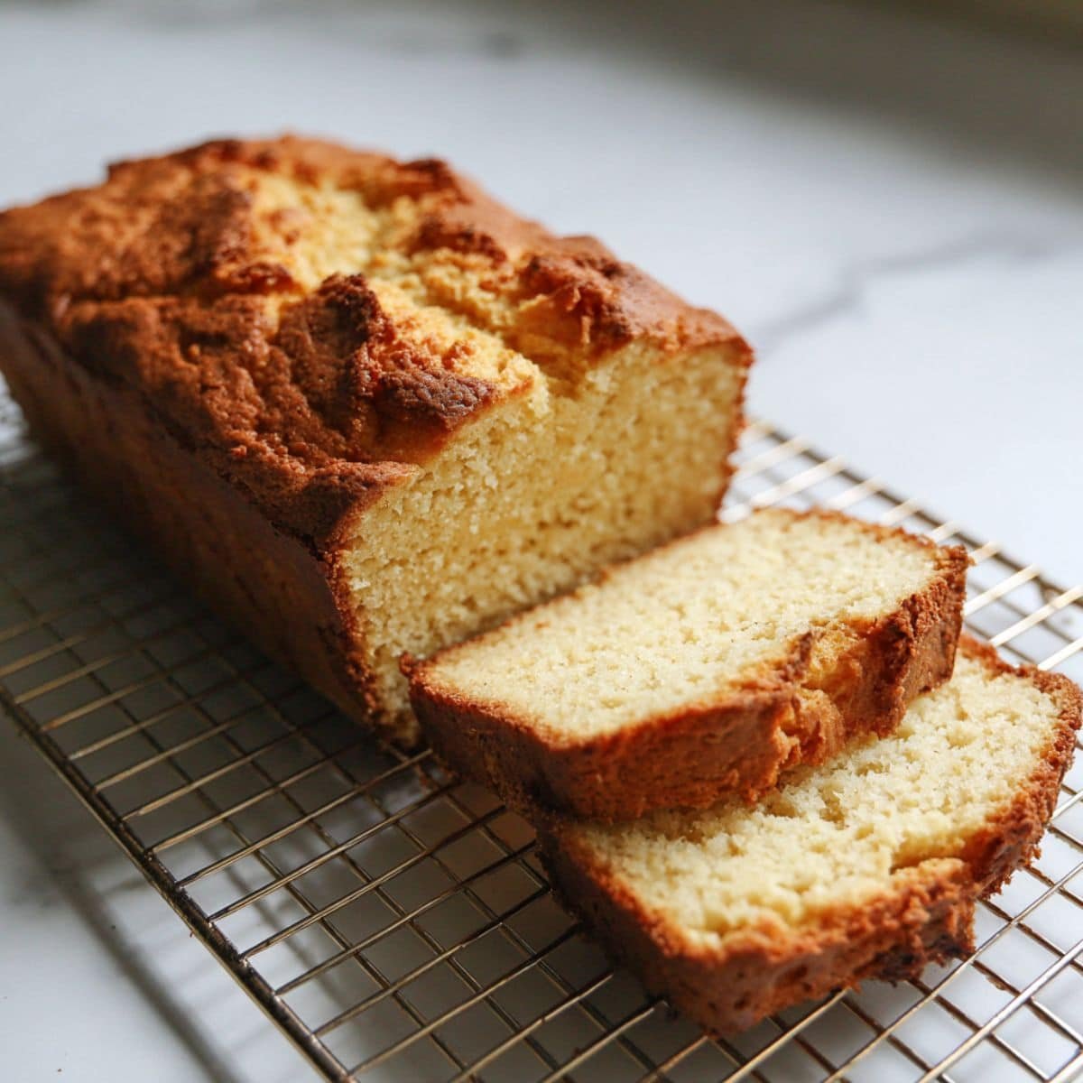 Freshly baked keto almond flour bread loaf cooling on a white kitchen counter — golden and homemade.