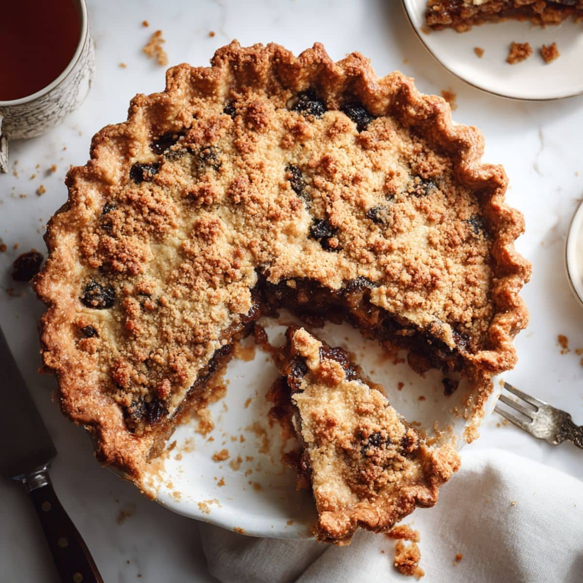 Homemade traditional mincemeat pie with a golden crust and spiced fruit filling on a white kitchen table, photographed from above in natural light.
