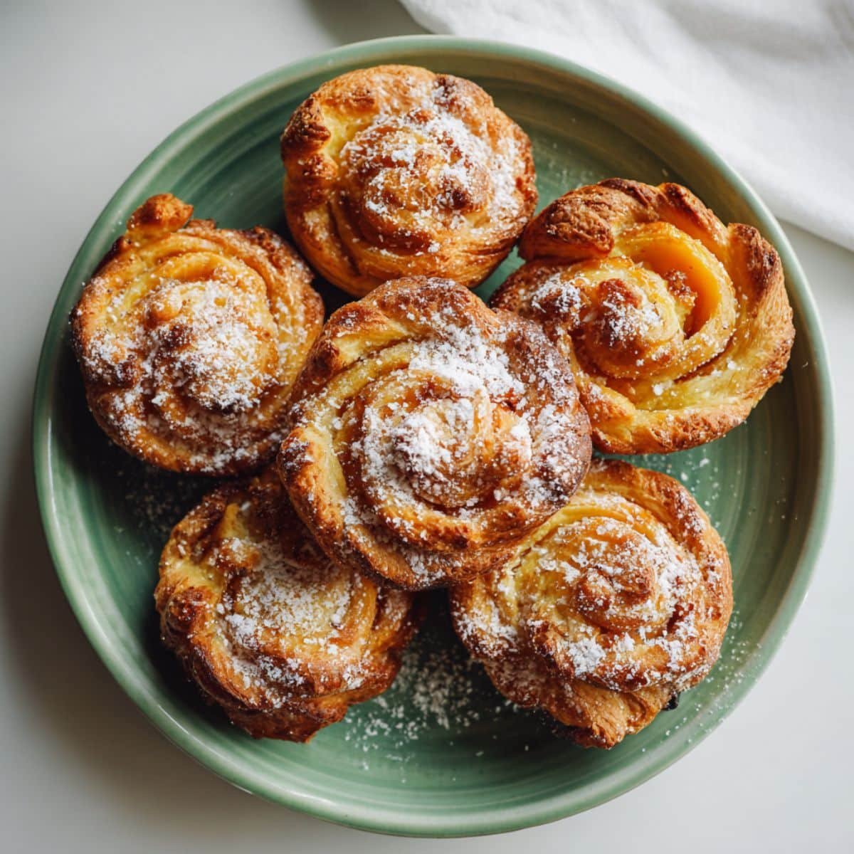 Freshly baked peach cruffins with golden flaky layers and peach filling on a white kitchen counter, sprinkled lightly with powdered sugar.