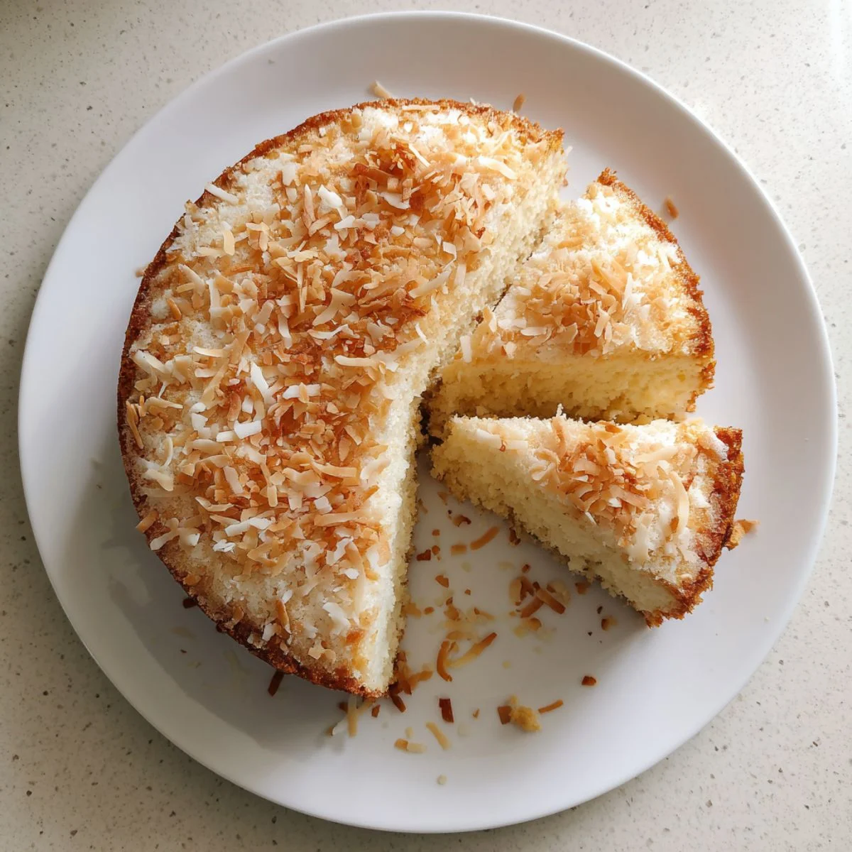 Homemade vegan coconut cake topped with shredded coconut, sliced on a white plate, photographed from above on a kitchen table.