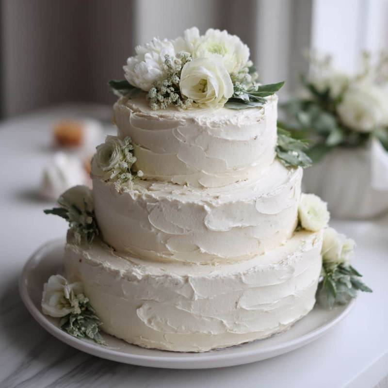 A homemade white wedding cake with three imperfect buttercream tiers, decorated with white flowers, photographed from above on a white kitchen table in natural light.