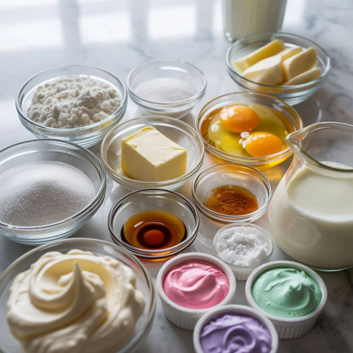 Flower cupcake ingredients arranged on white counter.