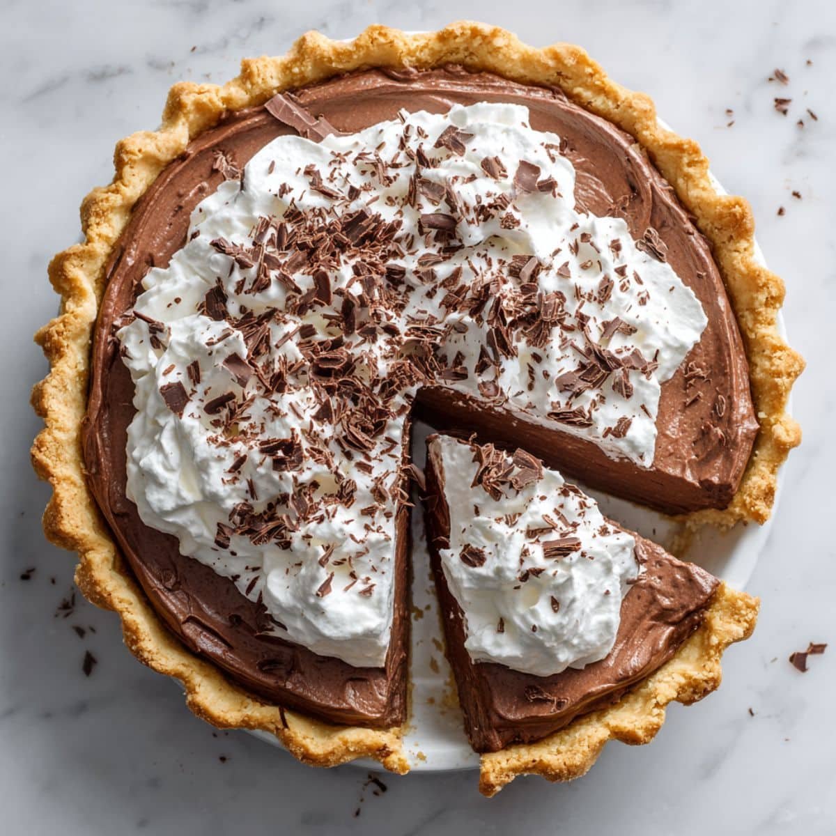 Homemade French silk chocolate pie topped with whipped cream and chocolate shavings on a white kitchen counter, shot from above.