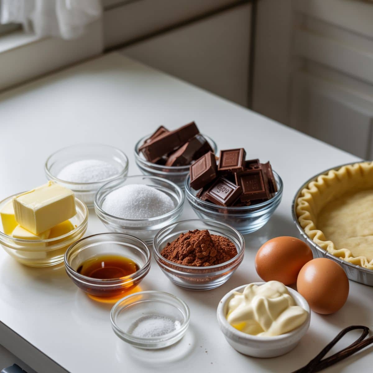 Top-down photo of ingredients for French silk chocolate pie on a white counter: butter, sugar, chocolate, eggs, vanilla, pie crust, cream, and cocoa powder.