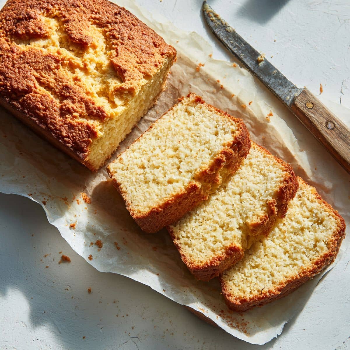 Freshly baked coconut flour keto bread loaf on parchment paper