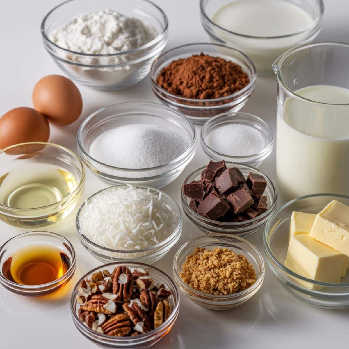 Alt Text: Flat lay of ingredients for German chocolate cupcakes on a white kitchen table.