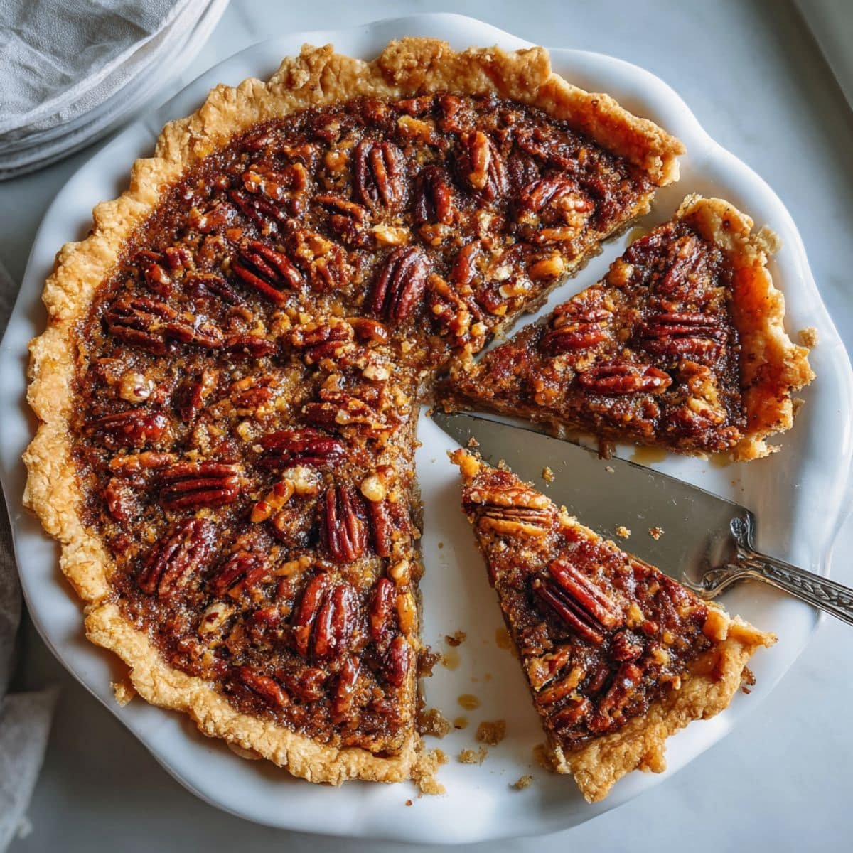 A homemade gluten-free pecan pie with a golden crust and glossy pecan topping cooling on a white kitchen table.