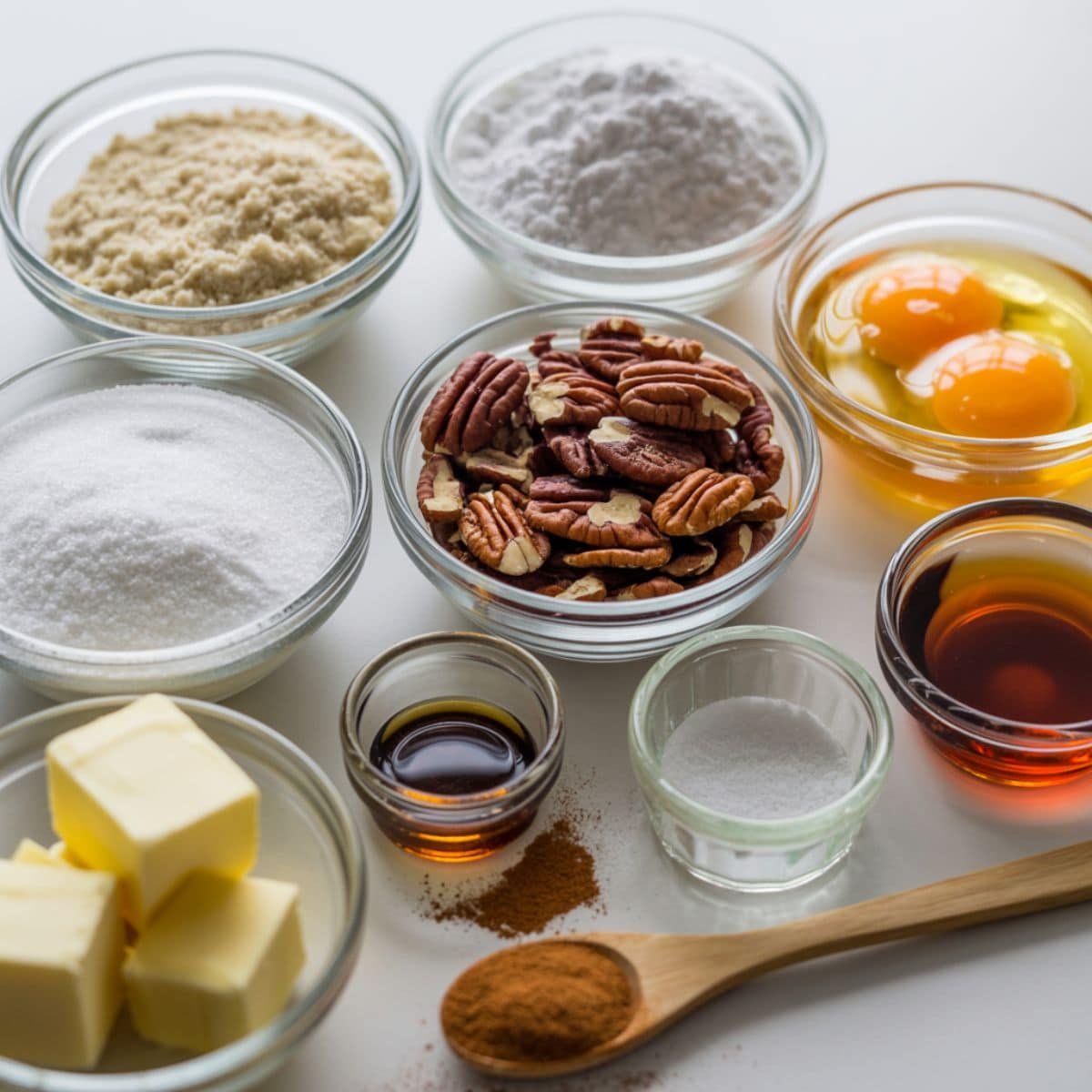 Measured ingredients for a gluten-free pecan pie arranged on a white kitchen table with almond flour, pecans, eggs, and maple syrup.