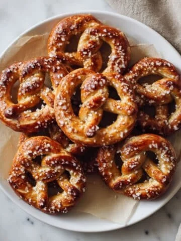Golden brown homemade gluten free pretzels sprinkled with coarse salt on parchment paper, top-down shot on a white kitchen table.