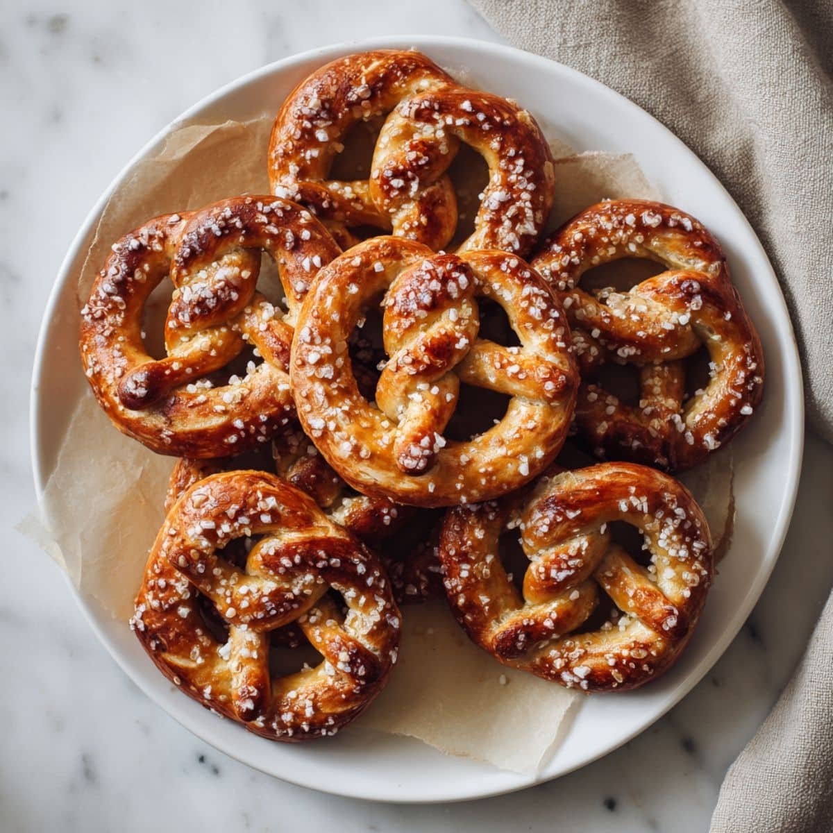 Golden brown homemade gluten free pretzels sprinkled with coarse salt on parchment paper, top-down shot on a white kitchen table.