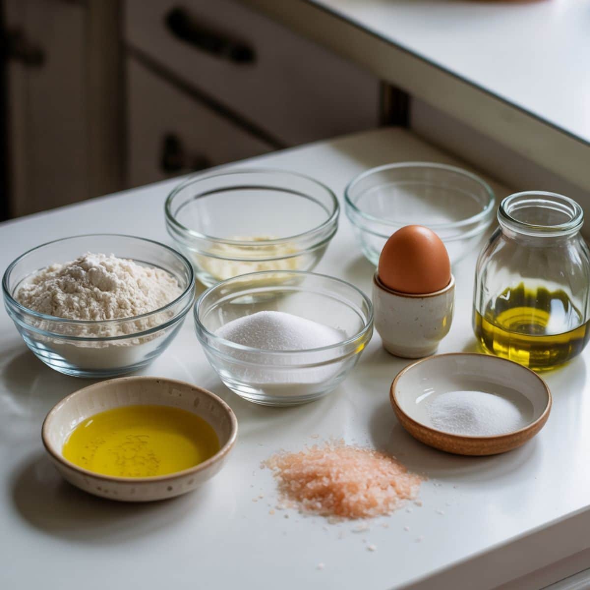 Flat lay of gluten free pretzel ingredients including flour, yeast, sugar, salt, baking soda, egg, butter, olive oil, and water on a white kitchen table, photographed from above.