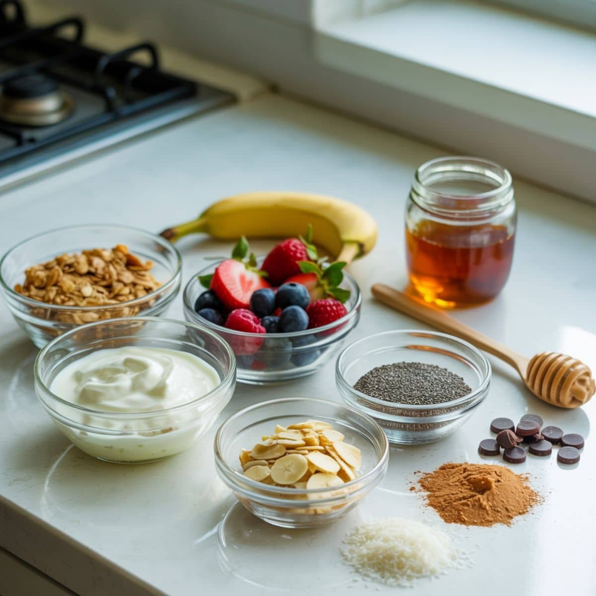 Granola bowl ingredients including yogurt, granola, berries, banana, honey, nut butter, chia seeds, almonds, coconut, and chocolate chips on a white kitchen table.