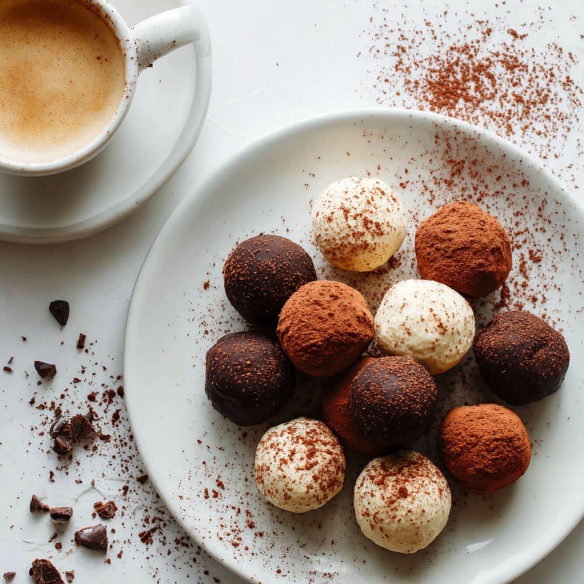 Homemade tiramisu truffles dusted with cocoa on a white kitchen table.