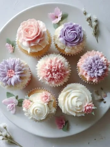 Homemade flower cupcakes on white kitchen table.