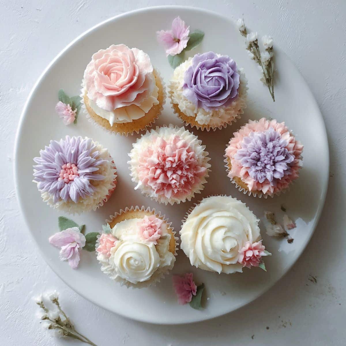Homemade flower cupcakes on white kitchen table.