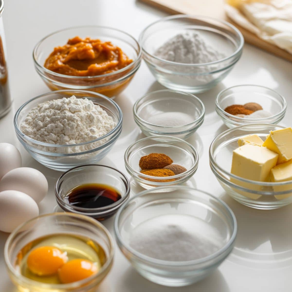 Flat lay of iced pumpkin cookie ingredients on a white kitchen counter with natural light.