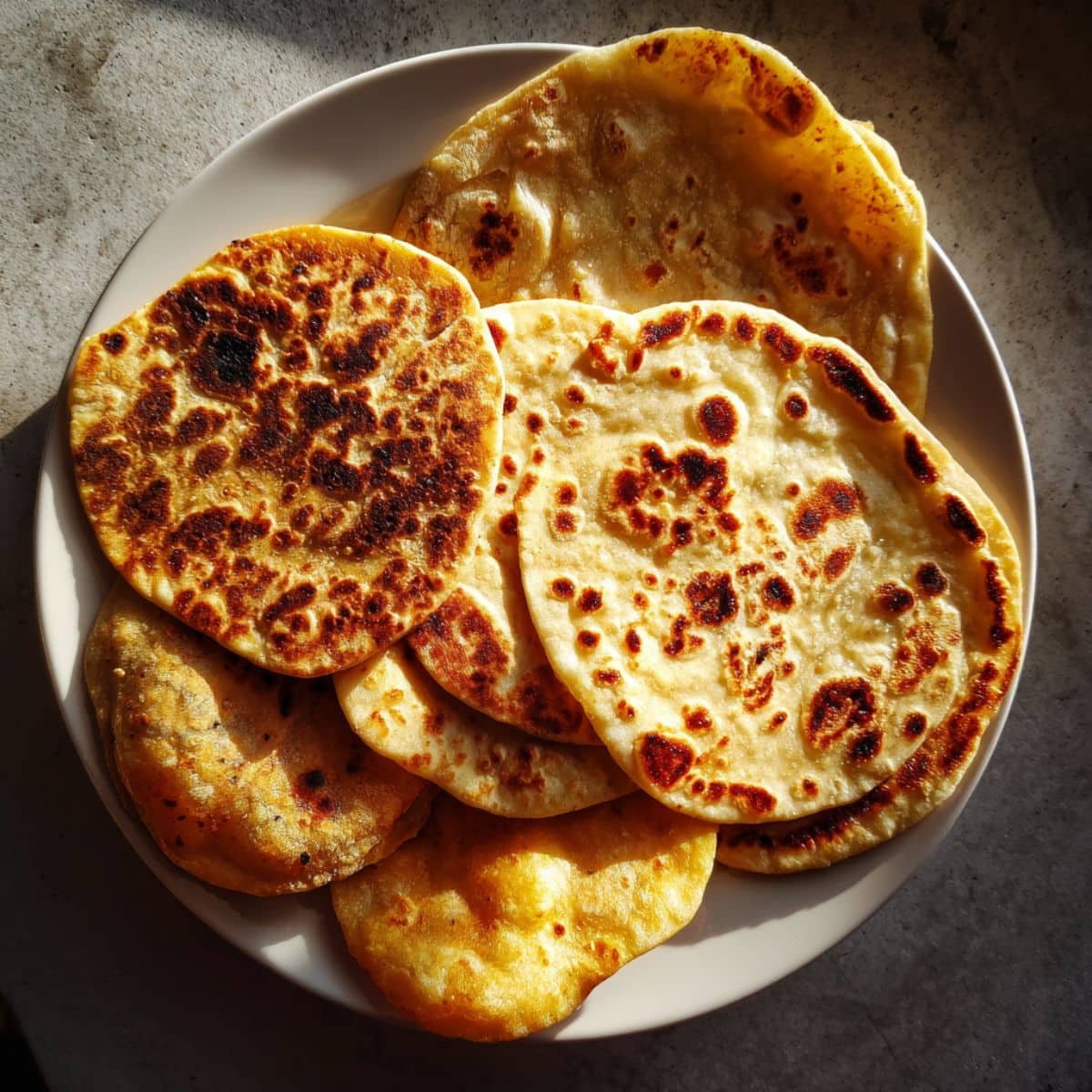 Assorted homemade indian bread recipes— naan, roti, paratha, and poori — on a white kitchen table, photographed from above with natural light.
