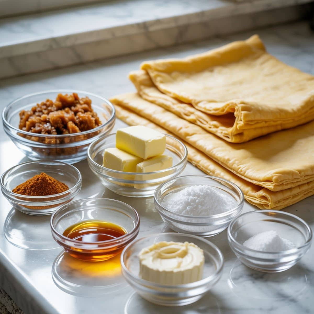 Top-down view of puff pastry cinnamon roll ingredients on a white kitchen table