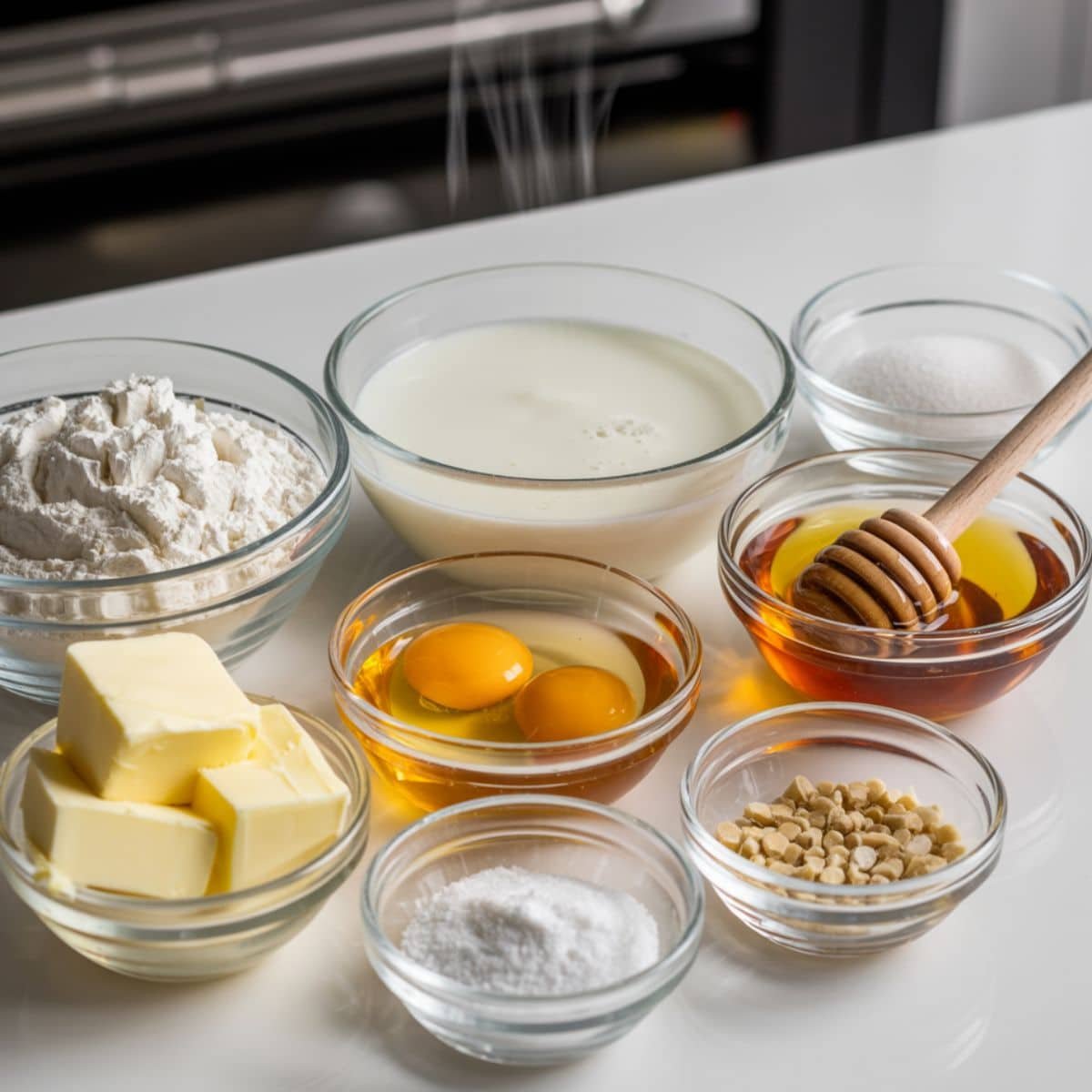 All ingredients for Texas Roadhouse rolls — flour, milk, sugar, honey, eggs, butter, yeast, and salt — displayed on a white kitchen counter.