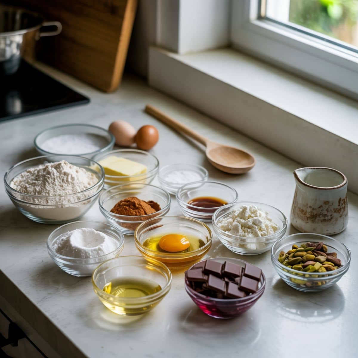 ingredients for homemade chocolate dipped cannoli on a white kitchen table, top-down view.