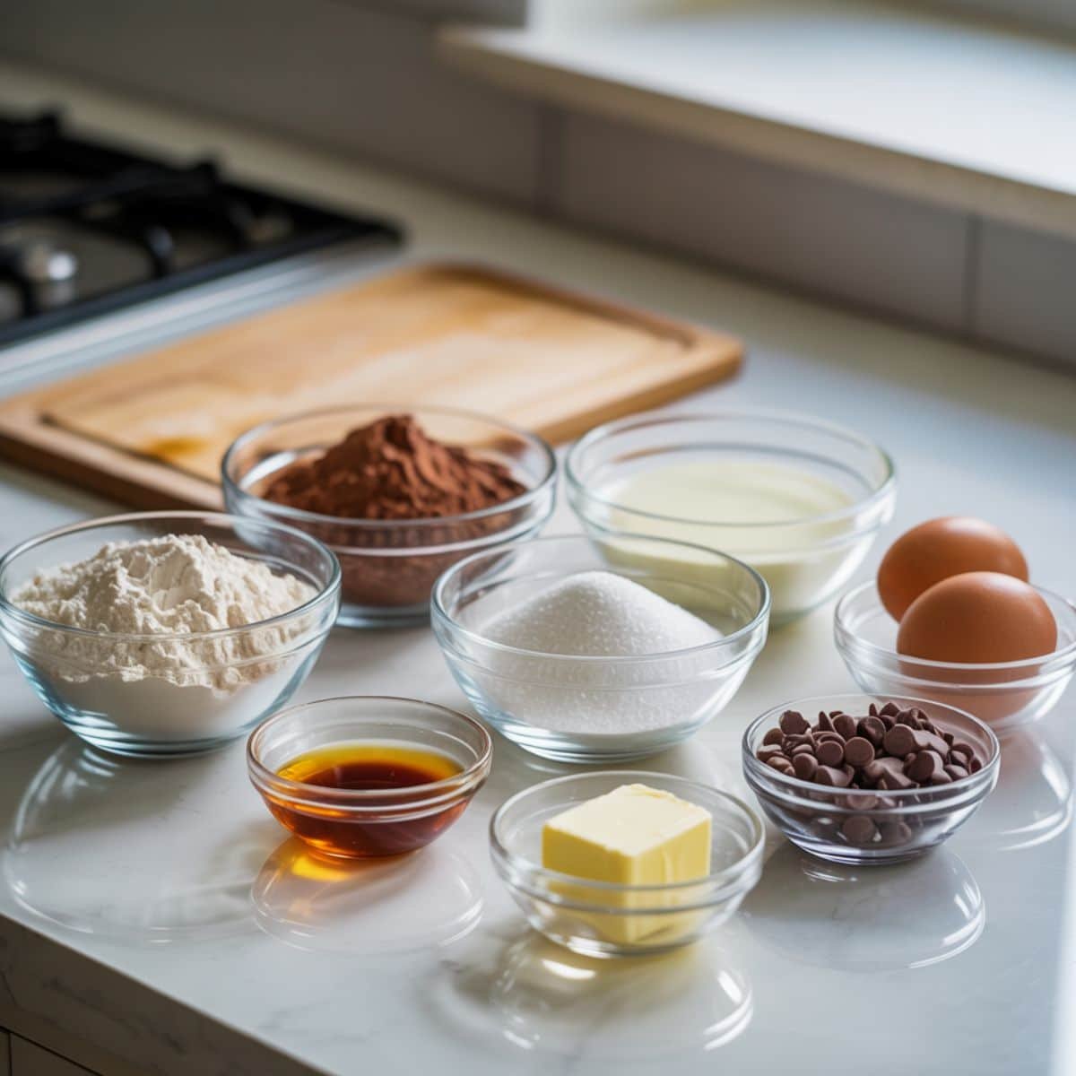 A top-down photo of chocolate pancake ingredients like flour, cocoa, sugar, milk, eggs, and butter on a white kitchen table.