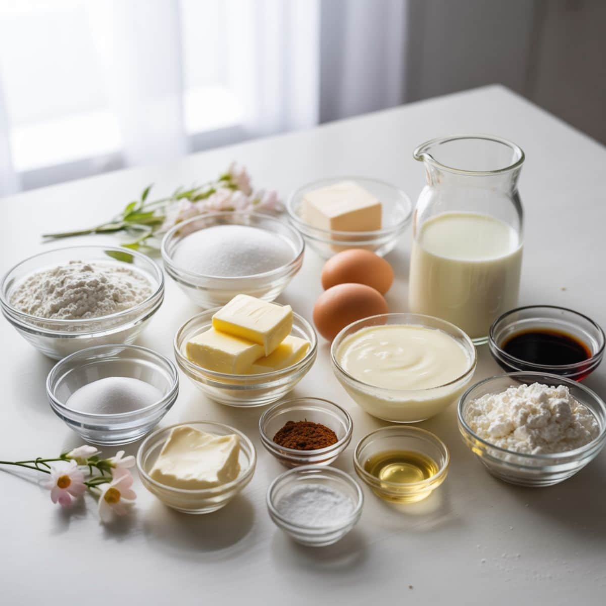 Ingredients for homemade engagement cake — flour, butter, sugar, eggs, milk, cream cheese, and decorations laid out on a white kitchen counter.