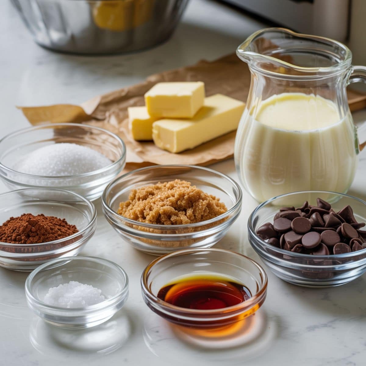 ingredients for homemade hot fudge sauce on a white kitchen counter.