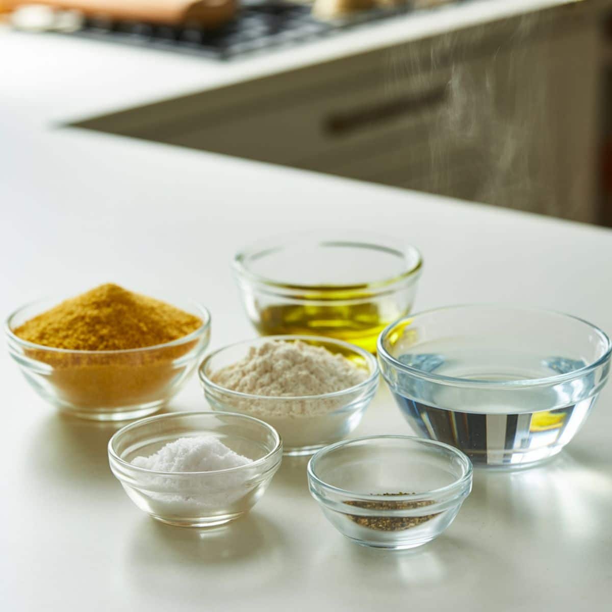Flat lay of cornmeal, flour, salt, pepper, hot water, and oil for making hot water cornbread on a white countertop