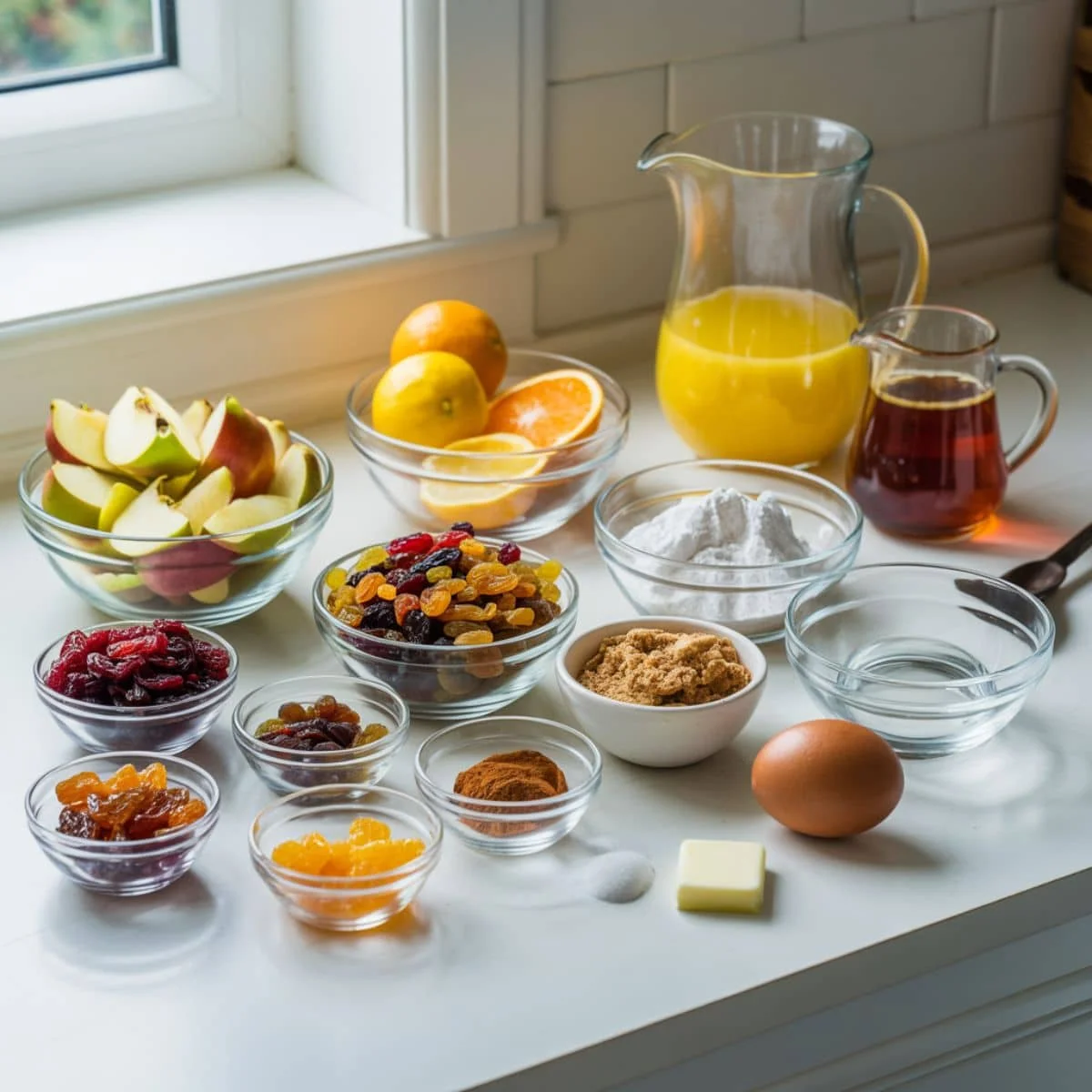 Overhead photo of homemade mincemeat pie ingredients—chopped apples, dried fruits, spices, butter, and flour—on a white kitchen counter with natural daylight.