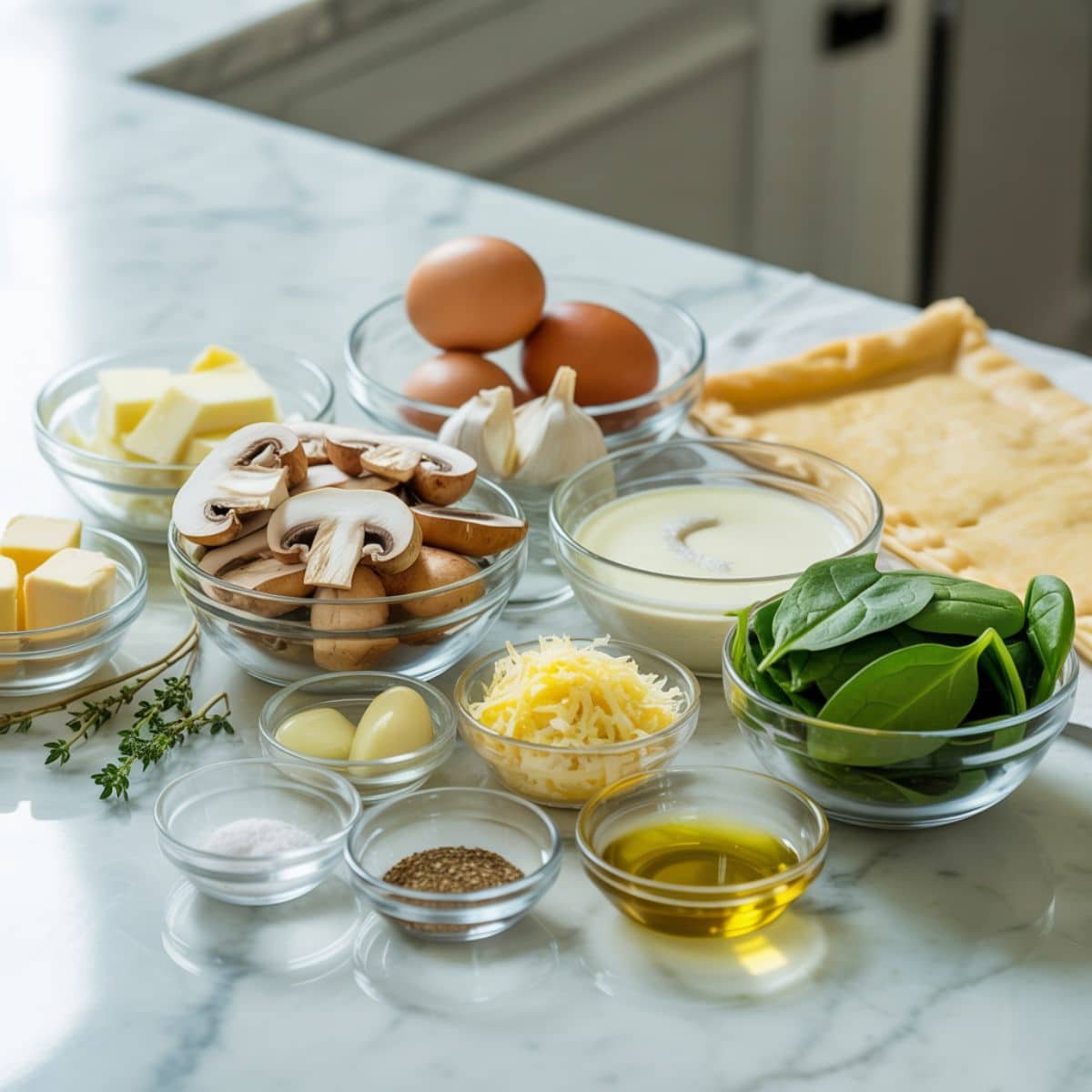 mini mushroom quiche ingredients on a white kitchen table under natural light