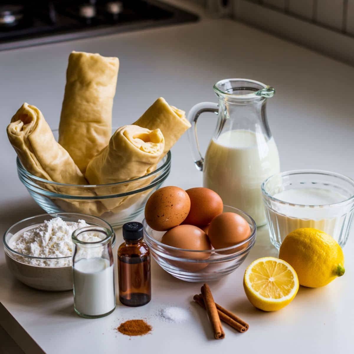 Flat lay of Portuguese custard tart ingredients on a white kitchen table including puff pastry, eggs, milk, cream, sugar, flour, vanilla, lemon zest, cinnamon, and salt.