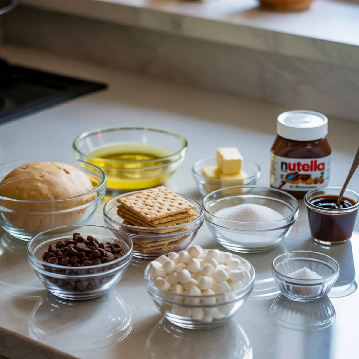 ingredients for s’mores pizza — pizza dough, chocolate, marshmallows, graham crackers, and butter — on a white kitchen table in natural light.