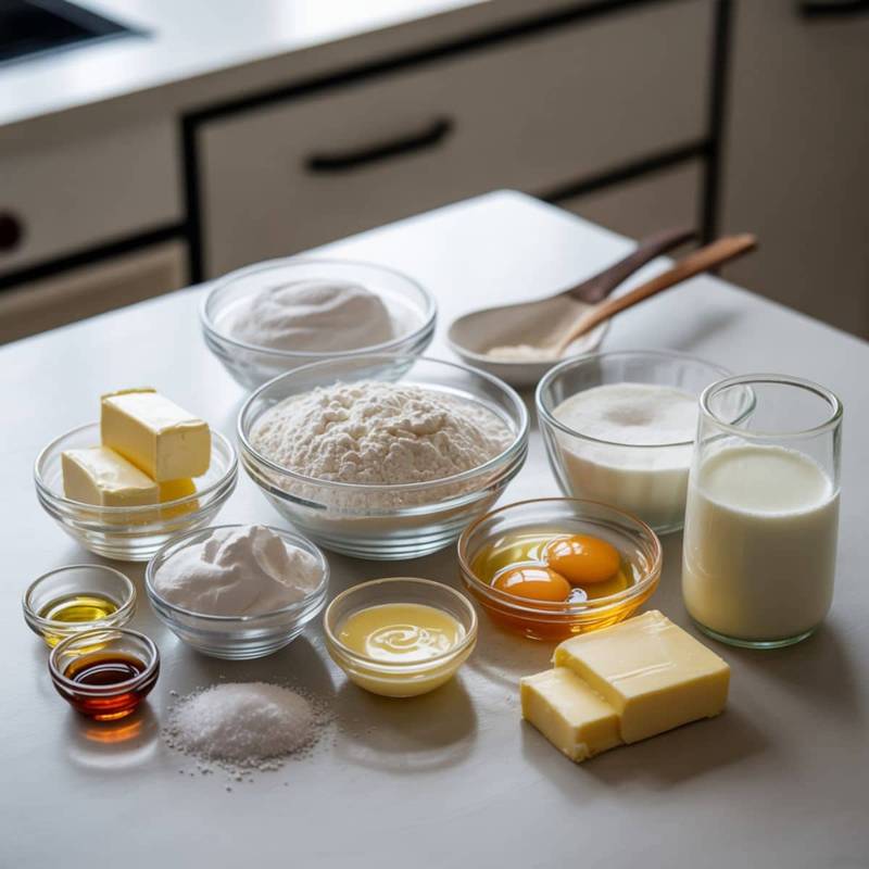 A top-down photo of white wedding cake ingredients — flour, sugar, butter, egg whites, milk, vanilla, almond extract, baking powder, heavy cream, powdered sugar, white chocolate, and cream cheese — arranged naturally on a white kitchen table.