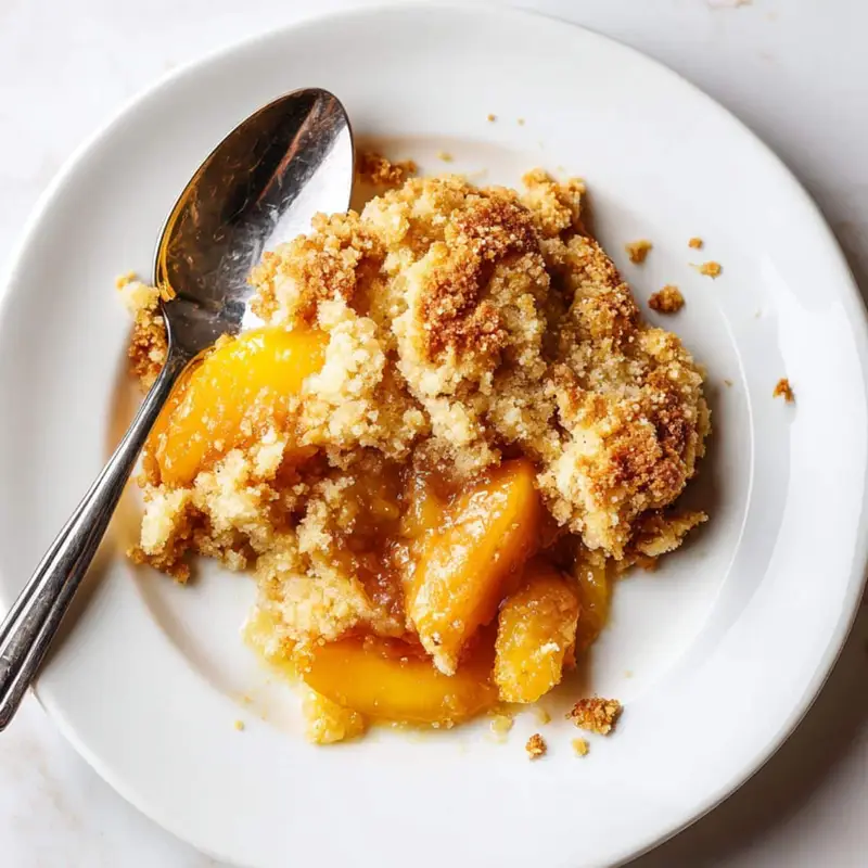 Freshly baked keto peach cobbler with golden almond flour crust on a white kitchen table
