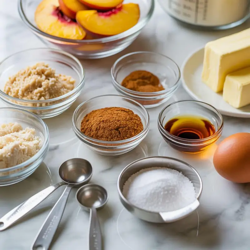 Real homemade keto peach cobbler ingredients laid out on a white kitchen counter