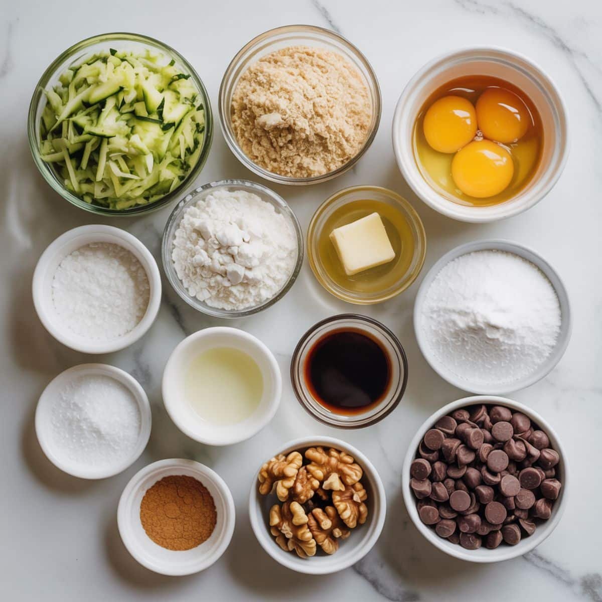 Keto zucchini bread ingredients on white counter.