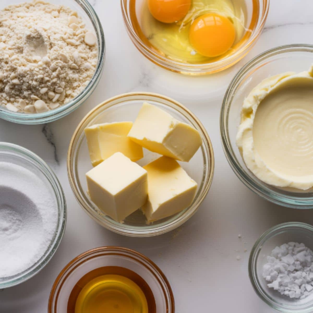 Top-down shot of keto almond flour bread ingredients arranged on a white kitchen table