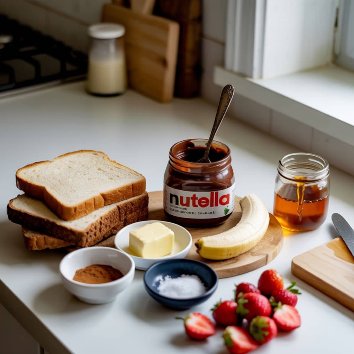 Top-down view of Nutella and banana toast ingredients on a white kitchen table, including bread, Nutella, banana, honey, cinnamon, and strawberries.
