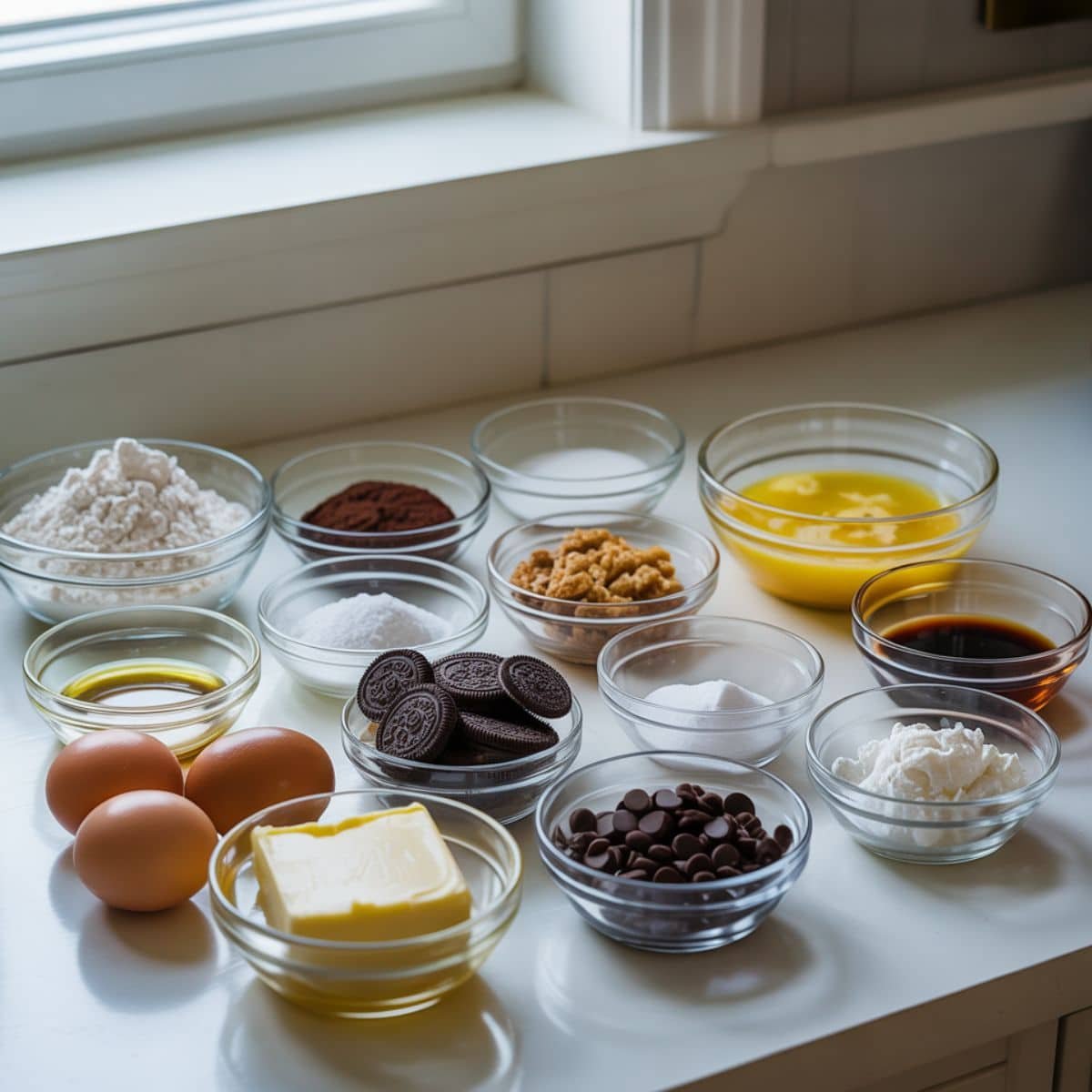 Overhead view of Oreo Crumbl cookie ingredients on a white kitchen table — flour, cocoa powder, sugars, butter, eggs, vanilla, Oreos, and cream cheese.