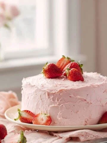 Homemade pink cake with light pink frosting and sprinkles on a white kitchen table, shot from above in natural light.