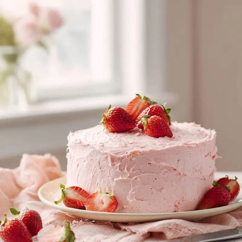 Homemade pink cake with light pink frosting and sprinkles on a white kitchen table, shot from above in natural light.