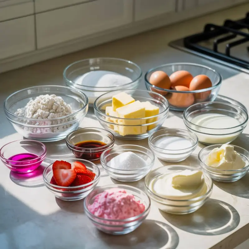 Top-down view of pink cake ingredients on a white kitchen counter