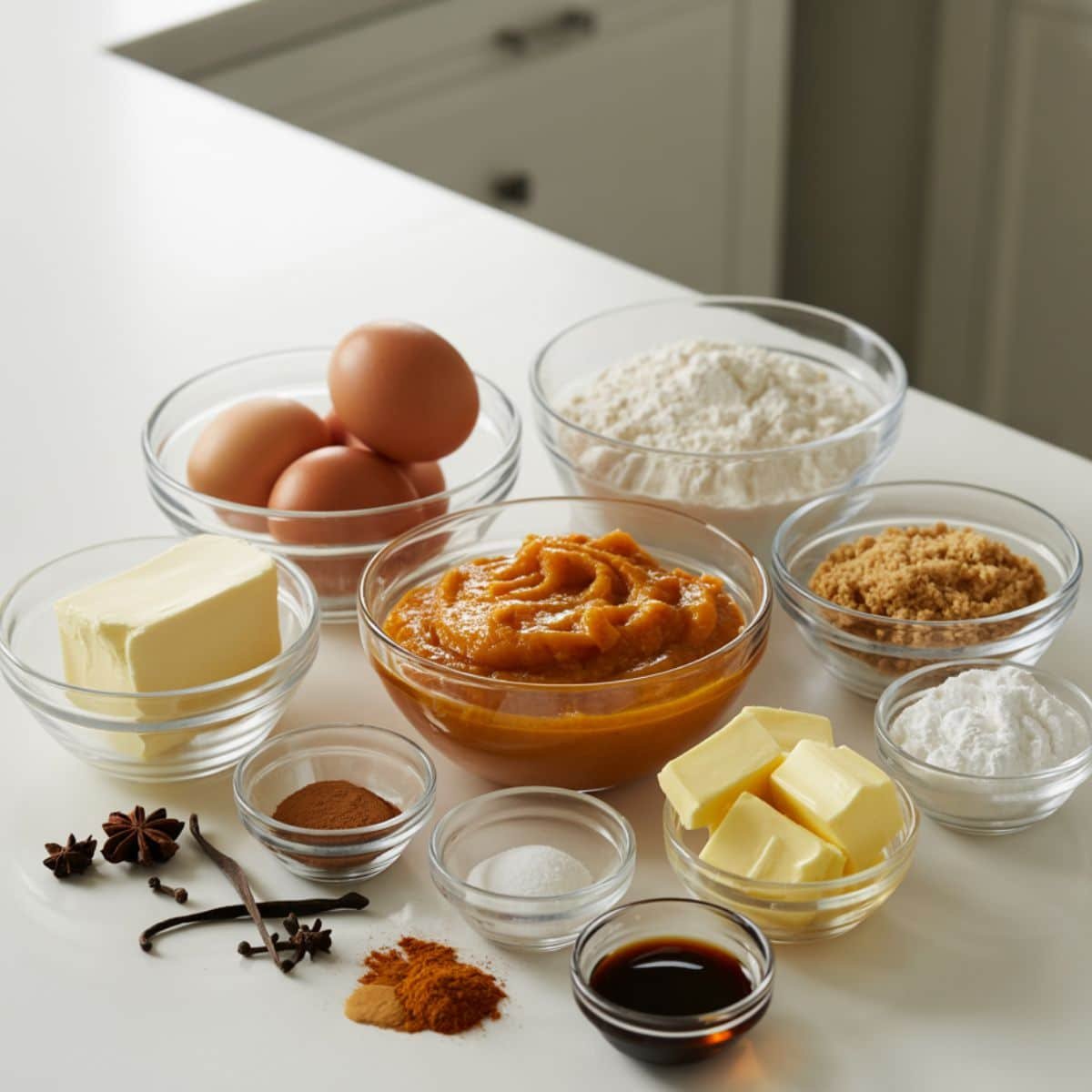flat lay of ingredients for pumpkin spice roll cake on white kitchen counter