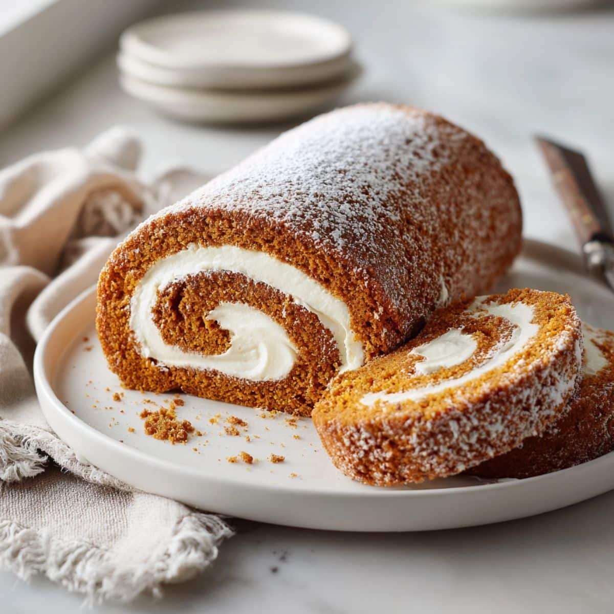 slice of pumpkin spice roll cake with cream cheese filling on white plate